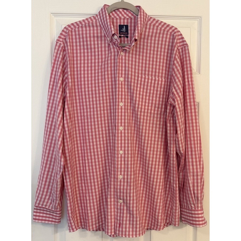 Johnnie-O Prep-formance Shirt Mens Large Pink Check Button Down Stretch Pristine